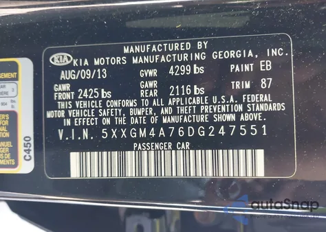 2013 Kia Optima Lx из США, поврежденный, VIN 5XXGM4A76DG247551